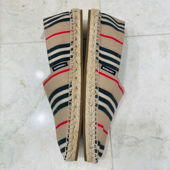 BURBERRY {43/9.5} Espadrilles Canvas Striped Neutrals Tan Black Red White - Picture 11 of 11